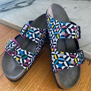 Never worn Birkenstocks, Arizona textile, modern multi-color geometric design